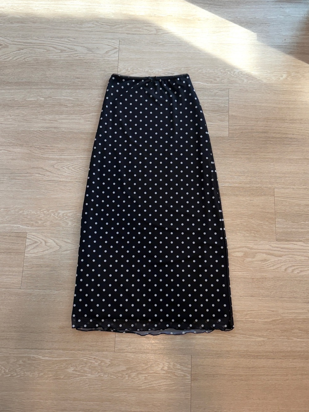 Free Haven XS Bodycon Mesh Maxi Skirt Black with White Polka Dots, Lined, Bow